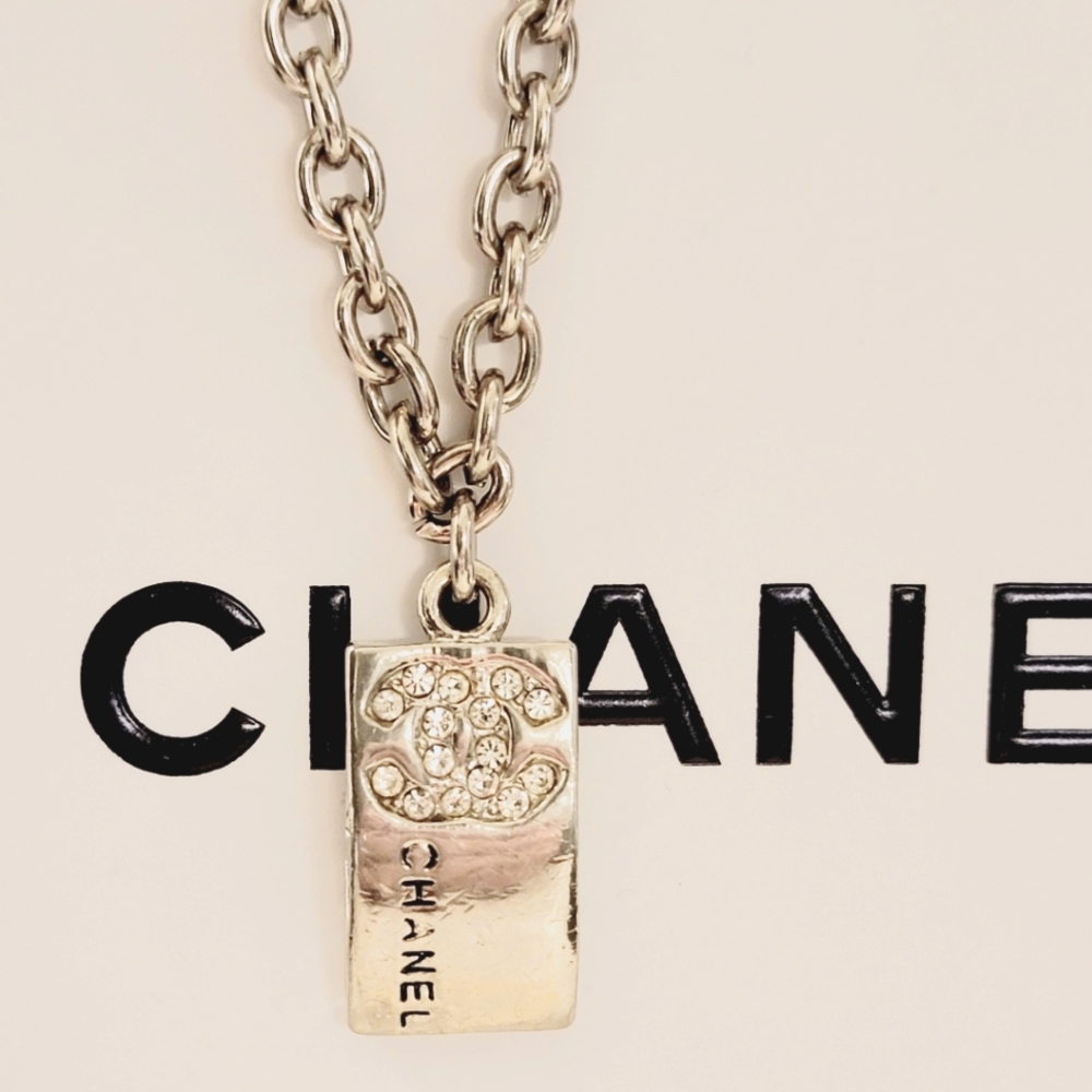 Vintage Chanel charm pendant / 60s 70s rhinestones CC LOGO silver tone.